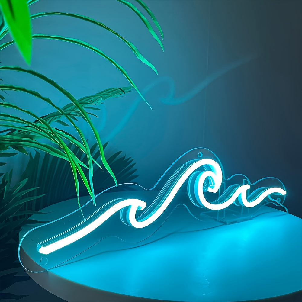 Blue wave neon sign glowing in a dark room