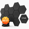 14-piece set of black hexagon acoustic wall panels arranged in a honeycomb pattern
