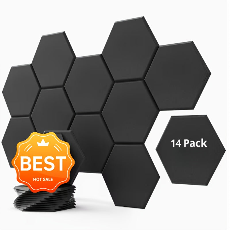 14-piece set of black hexagon acoustic wall panels arranged in a honeycomb pattern