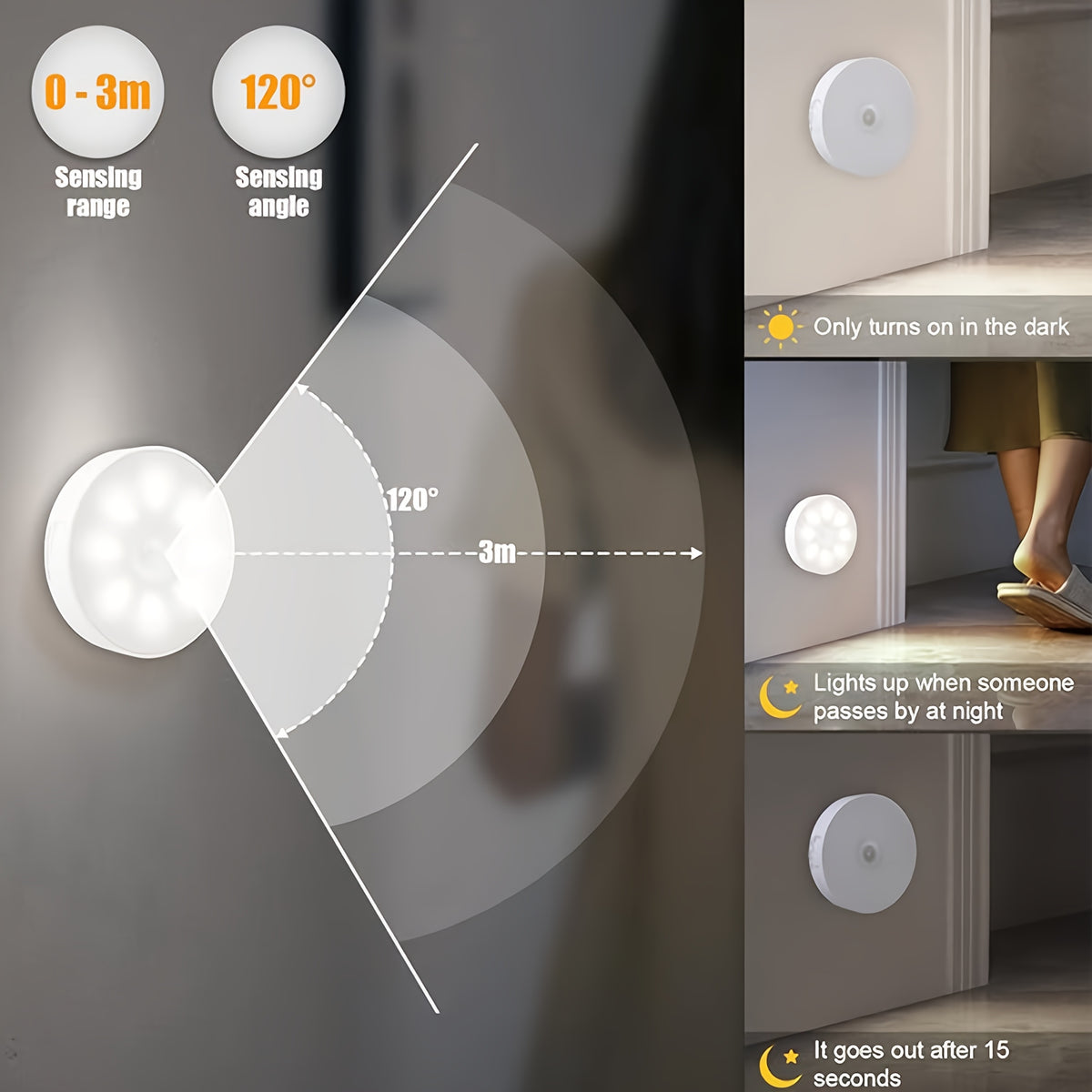 Motion sensor range and how the lights turn on in the dark