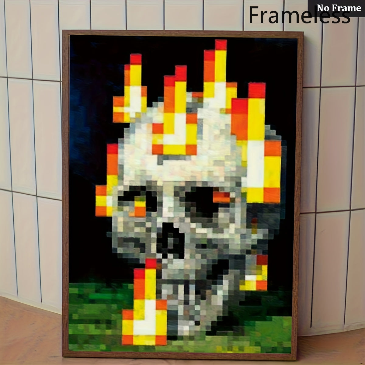 Flaming pixel art skull canvas print