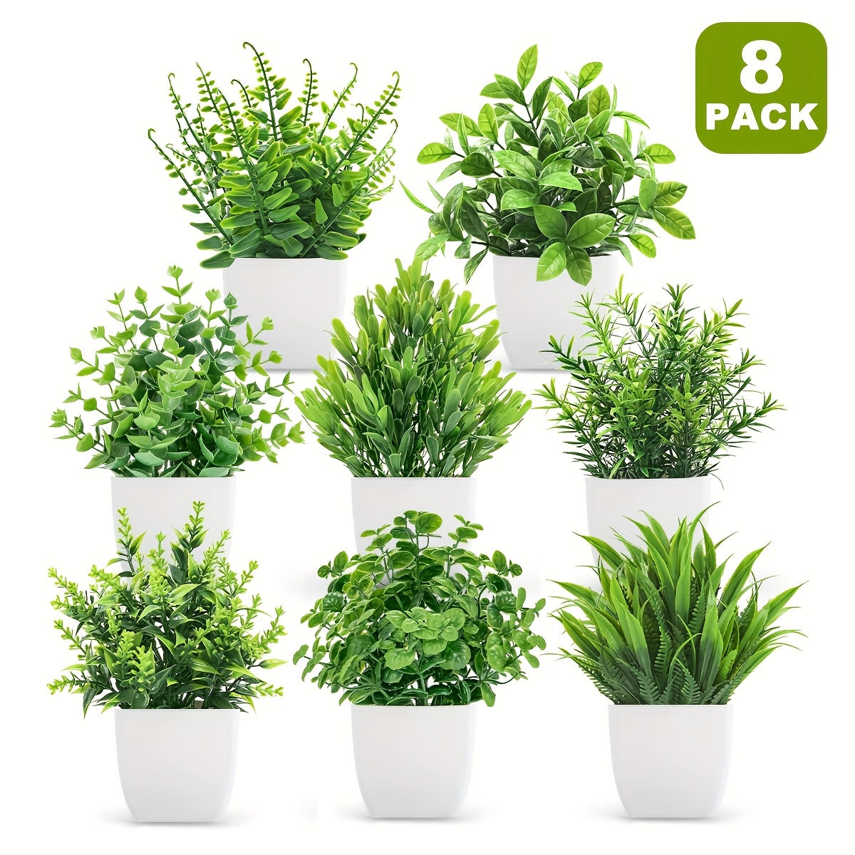 8-piece set of mini artificial plants in square white pots