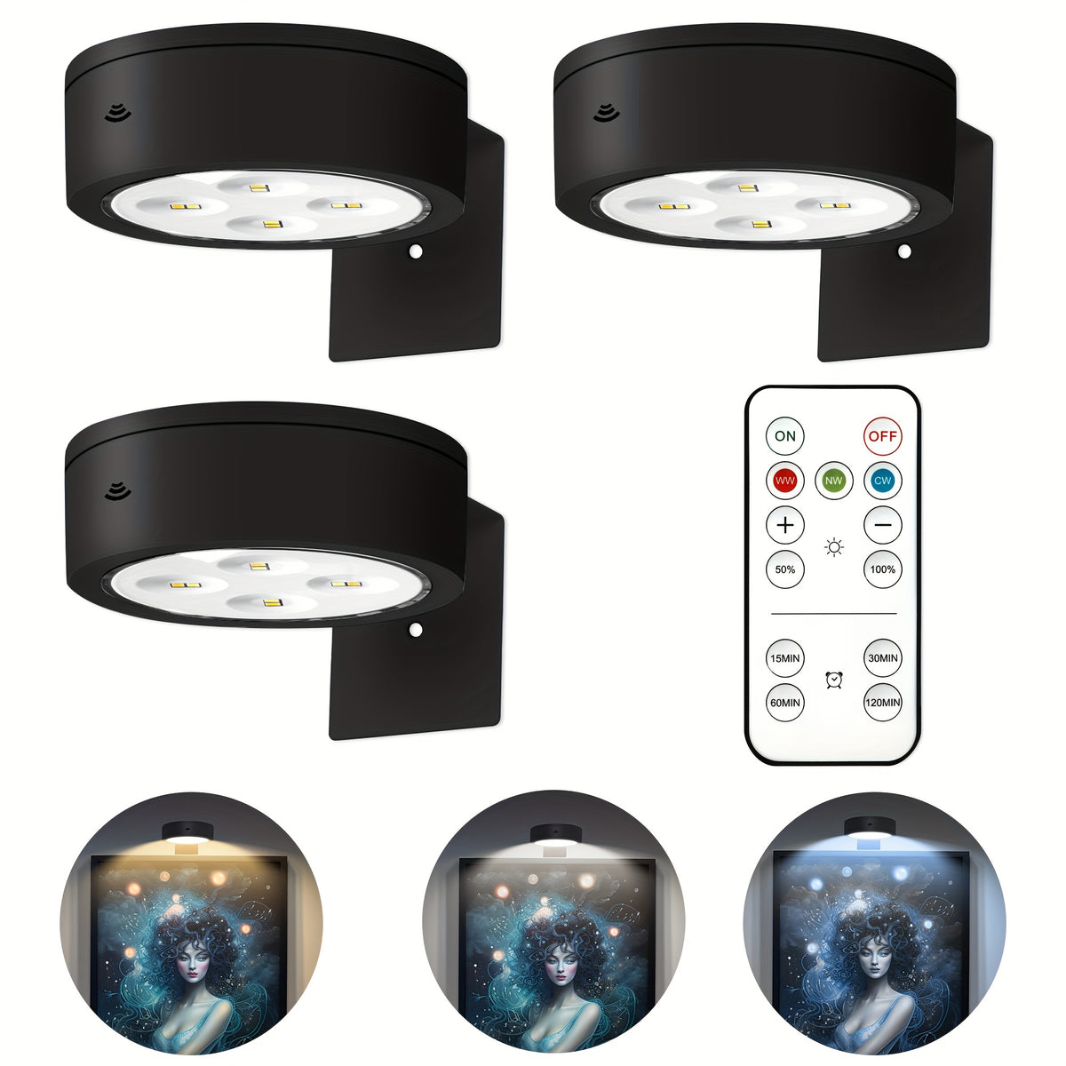 Wireless LED picture lights, set of 2, with remote