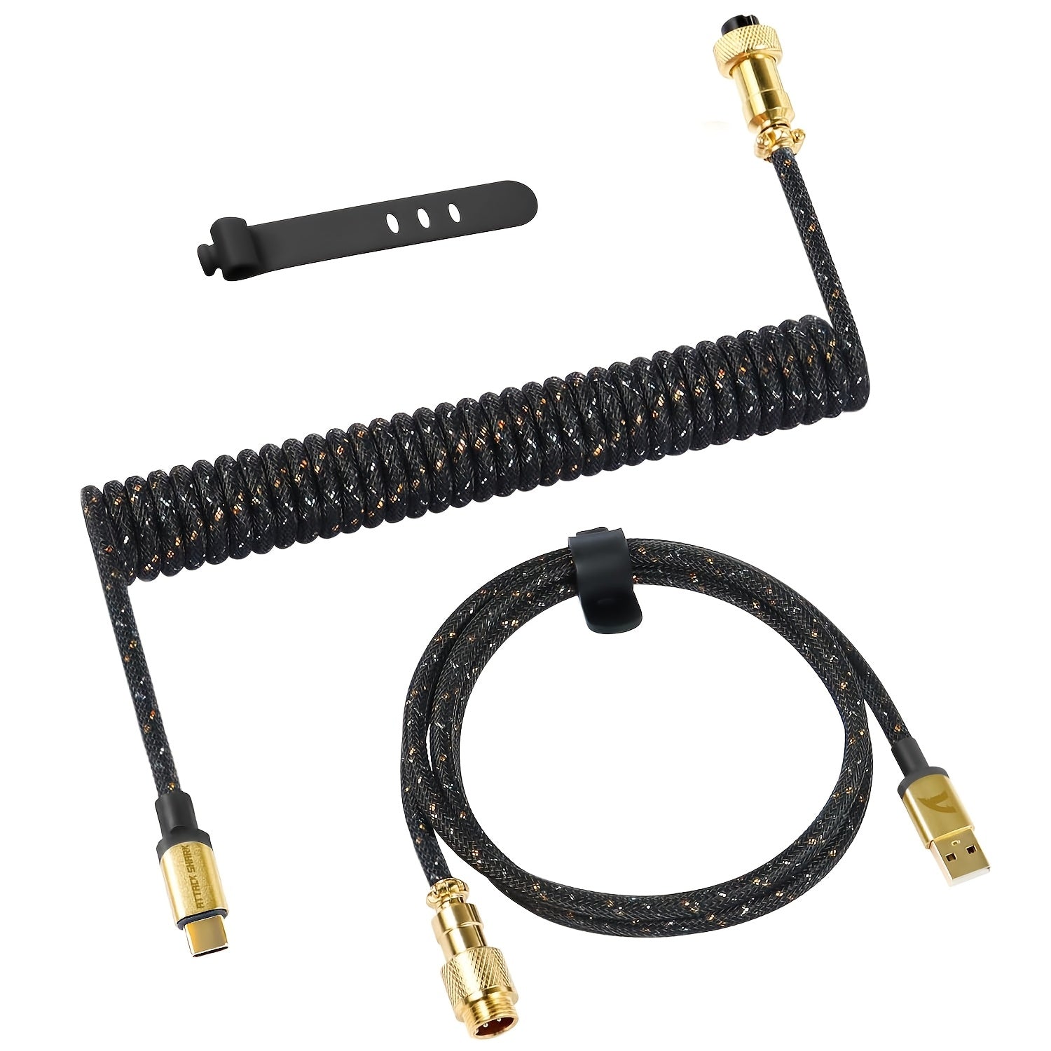 Coiled starlight white braided USB-C cable with gold detachable connectors and cable strap