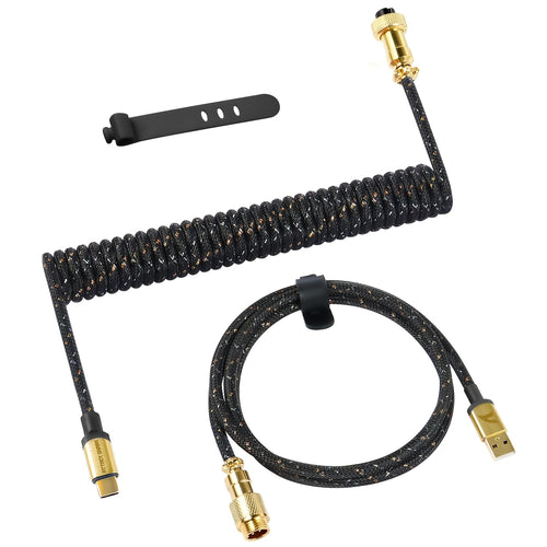 Coiled starlight white braided USB-C cable with gold detachable connectors and cable strap