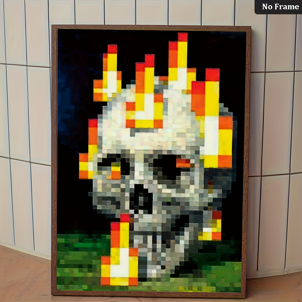 Pixel skull canvas styled in a room