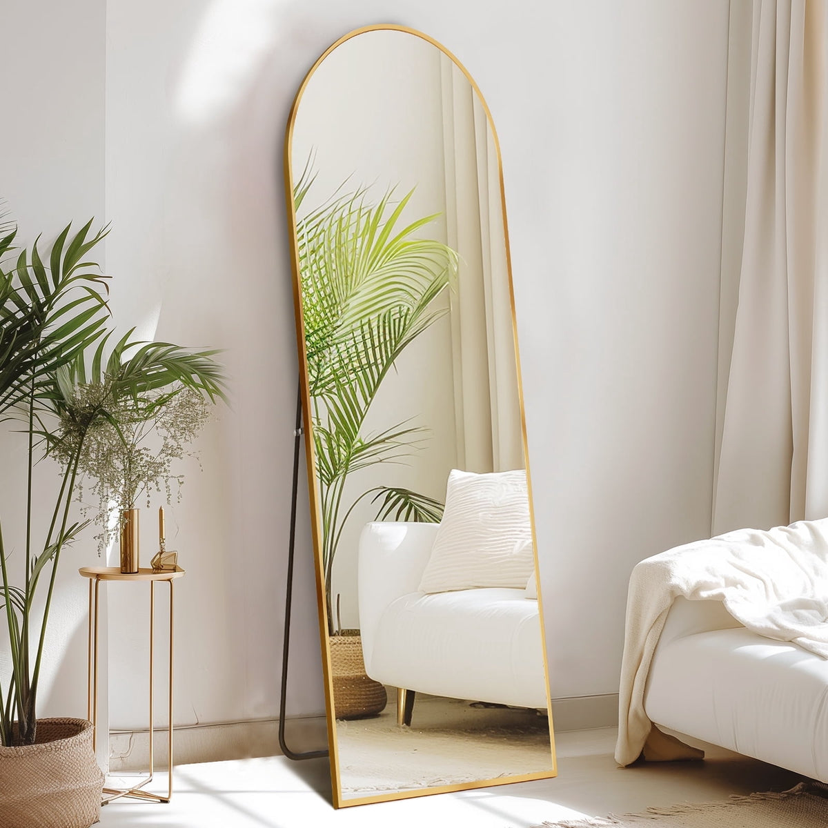 Arched floor mirror, styled in room