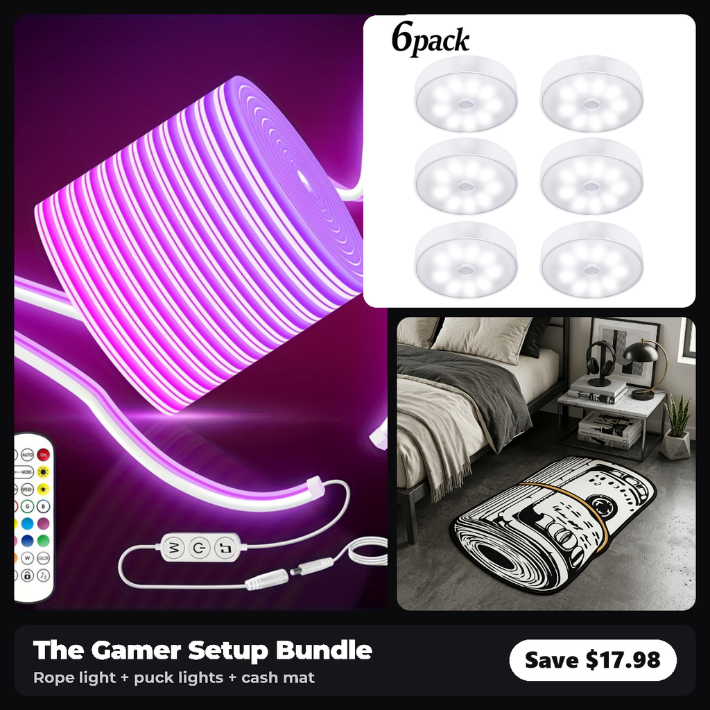 The Gamer Setup Bundle: neon rope light, motion sensor puck lights and rolled cash mat