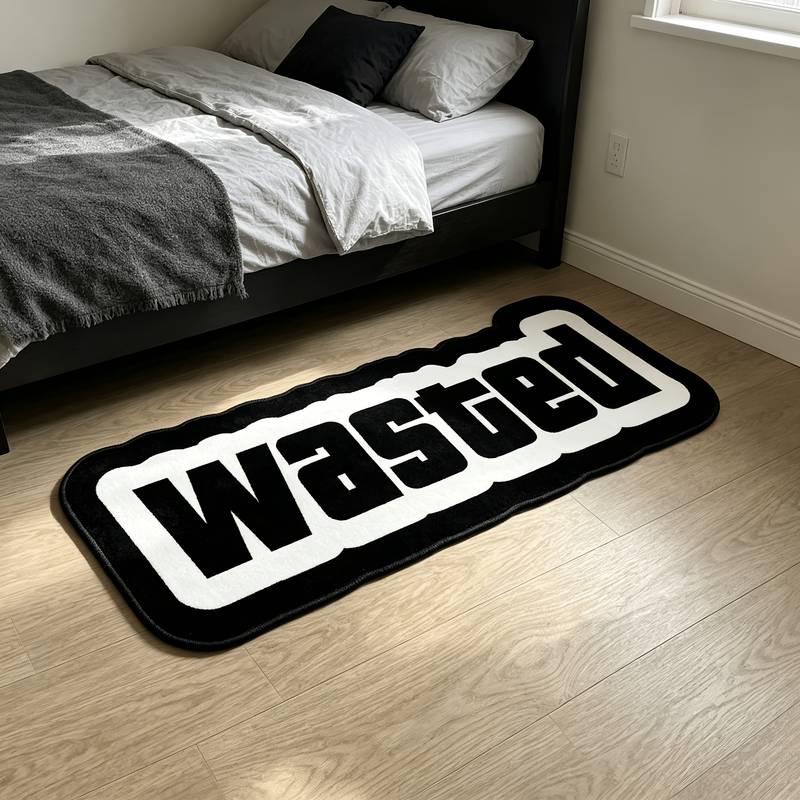 WASTED lettering black and white rug
