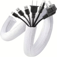 White braided cable management sleeve bundling cords