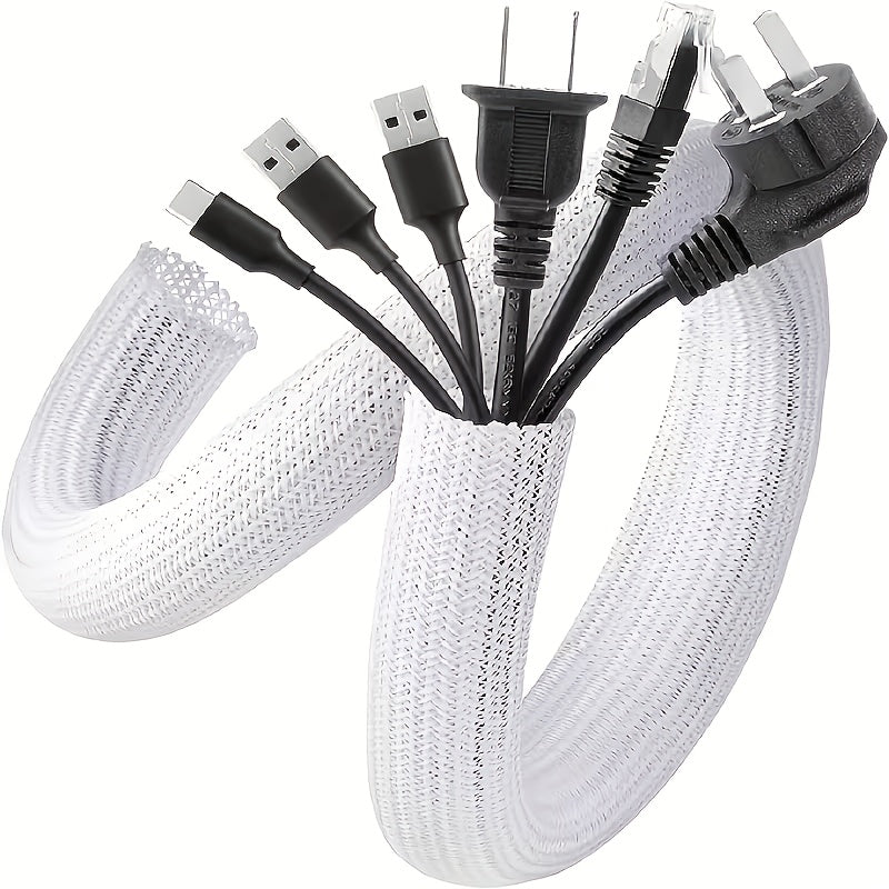 White braided cable management sleeve bundling cords