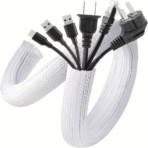 White braided cable management sleeve bundling cords