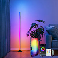 RGB corner floor lamp glowing in a living room corner, with app and remote