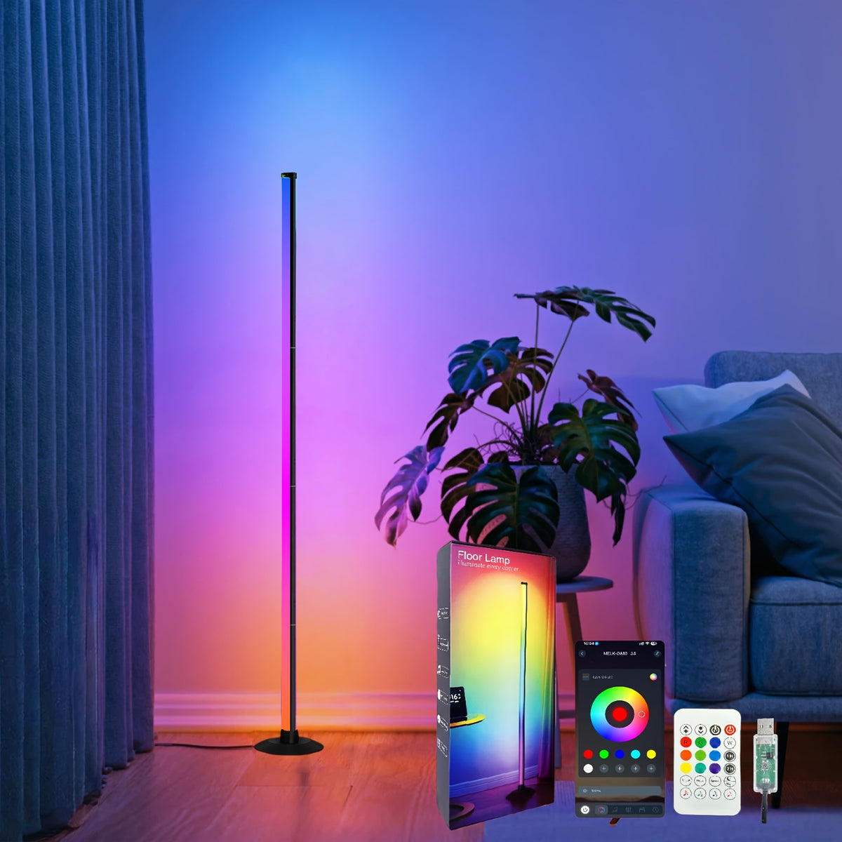 RGB corner floor lamp glowing in a living room corner, with app and remote